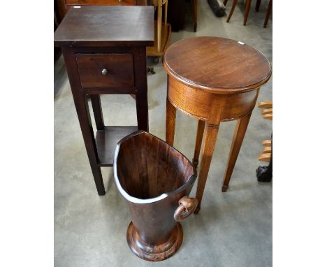 Two stained hardwood lamp tables to/w an umbrella/stick stand with ring handles (3)