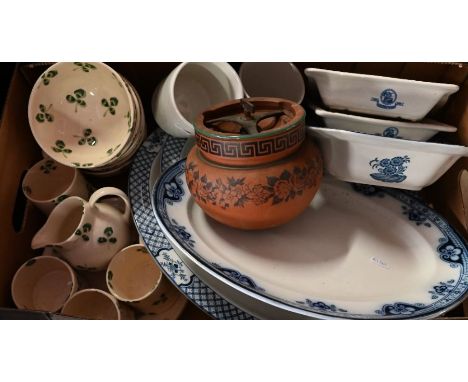 Emma Bridgewater breakfast set painted with clover leaves, to/w various blue and white pottery tableware, tobacco jar, etc (b