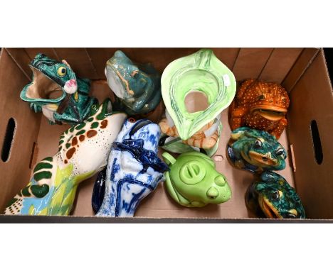 Nine various majolica and other ceramic frogs, including a pair of garden water feature examples (box)