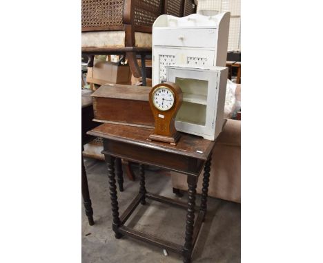 An antique oak rectangular side table on bobbin turned supports, 56 cm w x 45 cm d x 668 cm h, to/w two small painted cabinet