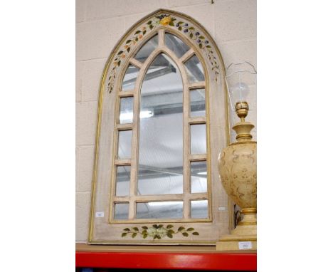 A Gothic arch shaped wall mirror with cream painted frame and polychrome floral sprays, 111 x 61 cm, to/w a mosaic framed wal