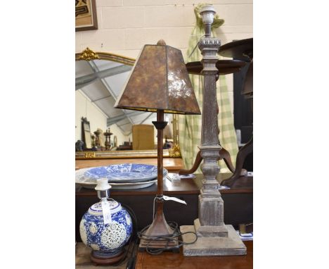 A 'Lamp Breggia' limewashed tapering square column table lamp, 82 cm high to/w Chinese blue and white reticulated ceramic lam