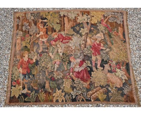 A Belgian pictorial tapestry depicting woodland scene with arborists and deer, 255 x 212 cm
