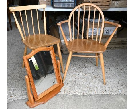 A white painted side table wtih melamine top to/w two Ercol style spindle-back chairs (one standard and one carver)