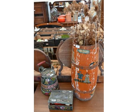 A Continental iron-bound barrel stick stand with painted decoration to/w a floral-painted bargeware water-jug and a painted w