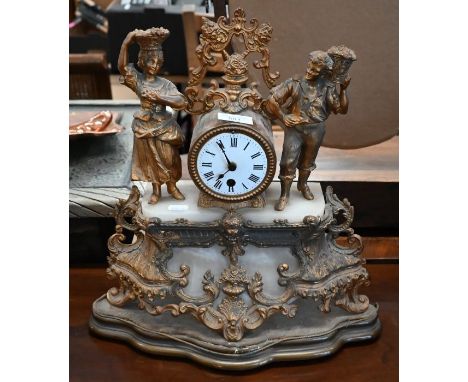 A 19th century French gilt metal and alabster figural mantel clock, 42 cm high a/f