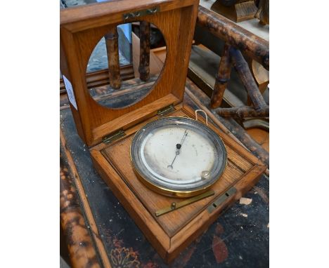 A late Victorian lacquered brass aneroid barometer/thermometer with 10 cm silvered dial, by E J Dent of Paris, in fitted oak 