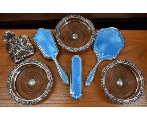 Guilloche enamel and silver three piece brush amd mirror set, Birmingham 1929 to/w three Old Sheffield Plate bottle-coasters 