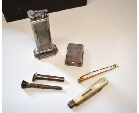 A yellow and white metal bar brooch in the form of a post-horn stamped 15ct, a silver-bladed penknife with mother of pearl ha