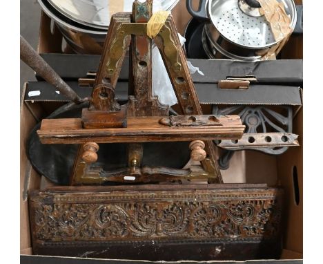 A 19th century French St Etienne bayonet, 58 cm blade (no scabbard) to/w an antique copper skillet, brass-mounted table-easel