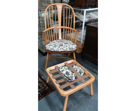 A vintage Ercol 472 double bow back Windsor chair with crinoline stretcher c/with cushions to/with an Ercol stool (2)