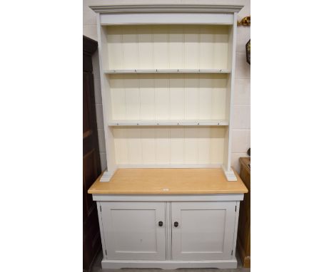 'John Lewis Artisan kitchen' cream painted dresser with two shelf plate rack on base with beech top and panelled cupboard doo