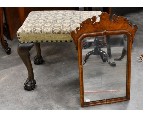 A Georgian style mirror in fret-cut walnut frame, 30 cm w x 52 cm h to/w oak dressing table stool with tapestry seat and cabr