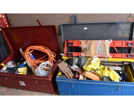 Two metal tool trunks containing various DIY equipment, hand tools, lighting, extension cables, fixtures, fittings, spirit le