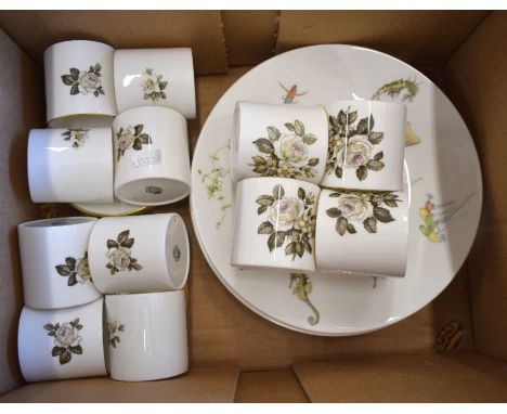 Set of six Crown Staffordshire china 24 cm plates printed with fish, to/w a set of twelve Royal Worcester rose-printed coffee