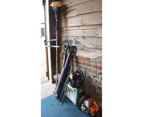 McCulloch petrol strimmer/bush cutter to/w various gardening tools and McCulloch BVM 240 blower, Stihl chainsaw, garden water