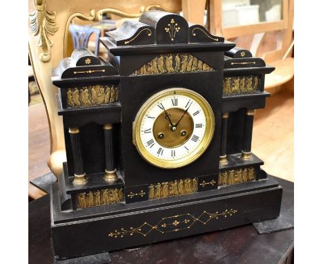 A late 19th century French architectural slate mantle clock with twin train drum movement striking on a coiled gong, stamped 
