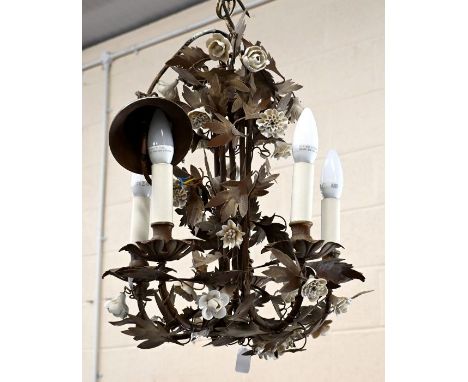 Five-branch electrolier with ceramic flowers, and a painted metal foliate frame, 40 cm diam