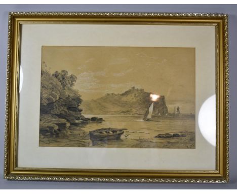 A Framed Pencil Sketch of Scarborough Bay with Rowing Boat in Foreground and Sailing Ships in Background, Signed and Dated 19