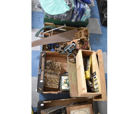 Two Boxes of Workshop Tools to Include Record Plane, Various Drill Bits, Vices, Saws etc 