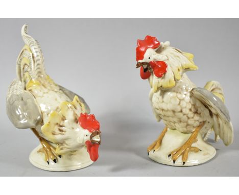 A Pair of Late 19th Century German Ceramic Studies of Fighting Cocks, 18cm high