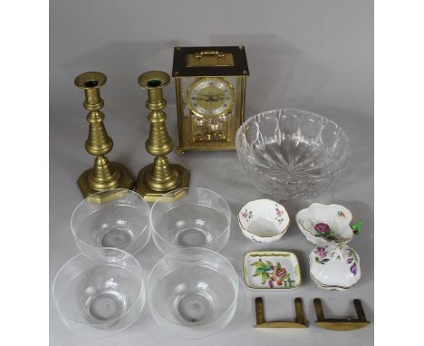 A Tray of Sundries to Include Pair of Victorian Brass Candlesticks, Herend, Royal Crown Derby and Other Pin Dishes and Box, P