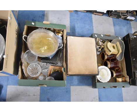 Three Boxes Containing Salters Scales, Footstool, Graduated Tankards, Glasswares, Silver Plate etc 