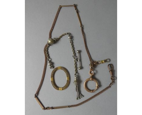 A Gold Plated Watch Chain, White Metal Albertina Chain, Yellow Metal Mourning Item Having Very Fine Plaited Black Hair 
