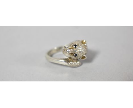 A Silver Leopard Mask Ring with Green Jewelled Eyes 