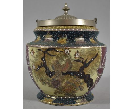 A 20th Century Japanese Lidded Biscuit Barrel with Metal Mounted Lid and Carrying Handle, the Body Decorated in the Usual Ena