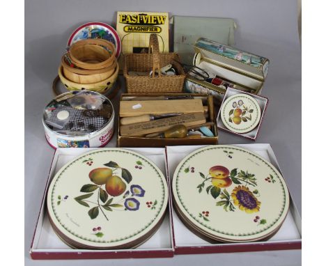 A Box Containing Various Cottons and Sewing Accessories, Rug Making Tools, Table Mats, Magnifier Etc 