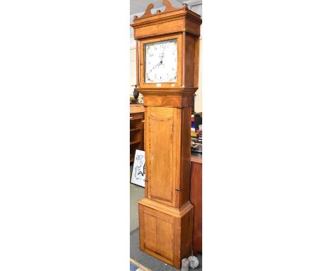An Inlaid Oak and Mahogany Long Case Clock with Painted 12" Square Dial Inscribed P Cooper, Newport, 30 Hour Movement with Da