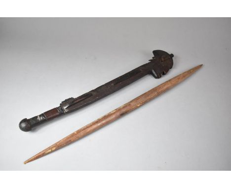 A West African Axe Handle Modelled as a Tattooed Gent with Bids and Fish Together with Another Wooden Spear or Bow Type Item,