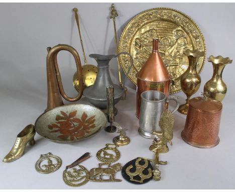 A Tray Containing Various Items of Copper, Brass and Pewter to include Bugle (Missing Mouthpiece) Vases, Tankards, Jugs, Ches
