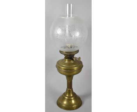 A Vintage Brass Oil Lamp with Acid Etched Globe and Plain Chimney, 58cm high 