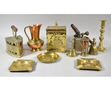 A Tray of Brassware to Include Reproduction Flat Iron, Candlestick, Bell, Blowtorch, Tea Caddy Box etc 