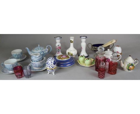 A Tray Containing Ceramics and Glassware to Include Tea for Two Set, Glass Scent Bottles, Part Cruet Set, Vintage Miles Marti