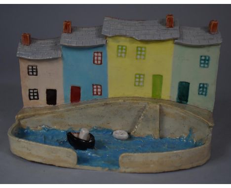 A Handmade Original Glazed Studio Pottery Diorama Signed G R Urch, Dated 2005 Depicting Terraced Row of Harbourside Cottages,