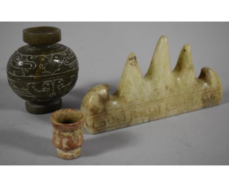 A Collection of Chinese Jade to Include Han Dynasty  (202 BC?220 AD) Dark Green Cup and Cover, 6cm high, Off White Brush Rest