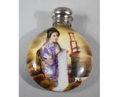 A Small Silver Topped Porcelain Circular Scent Flask Decorated with Oriental Maiden, Birmingham Hallmark, 4cm diameter 