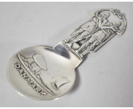 A Danish White Metal Tea Caddy Spoon Decorated in Relief, 10cm high, Stamped with Twin Tower and Letter P 