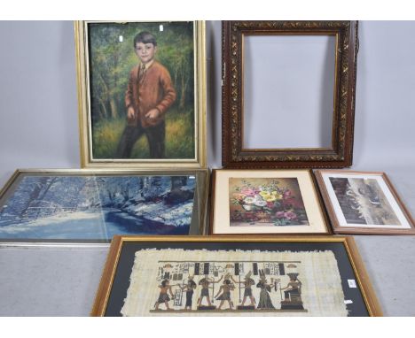 A Framed Oil Portrait of a Boy, a Framed Photograph of Lane in Winter, Egyptian Papyrus, Picture Frame and Two Prints 