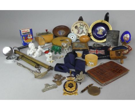 A Collection of Curious to Include Kellogg's Novelty Radio, Musical Box, Crocodile Skin Purse, Tape Measure, Ornaments, Badge