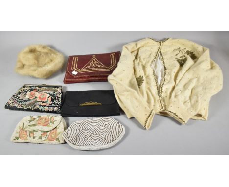 A Vintage Cardigan and Collection of Various Evening Bags and a Fur Hat 