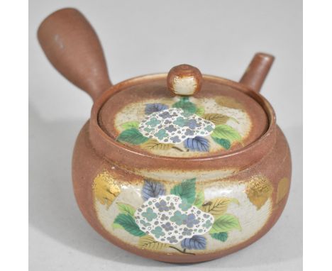 A Chinese Terracotta Side Pouring Teapot with Partial Glazed Enamel Decoration to Lid and Body, Signed, 8cm high 