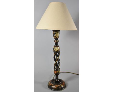 A Floral Painted Papier Mache Spiralled Table Lamp, with Shade, 42cm high 