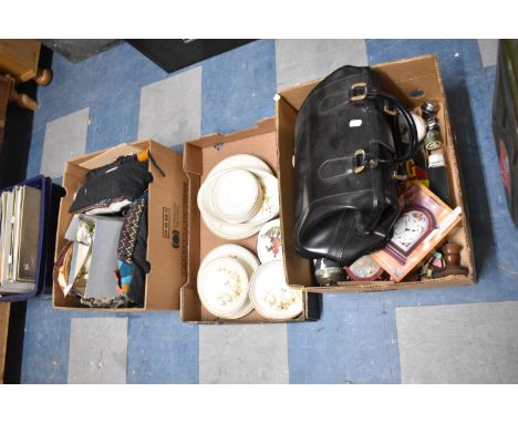 Three Boxes of Sundries to Include Bag, Harvest Pattern Breakfastwares, Mantle Clock, Cottage Ornament, Animal and Bird Ornam