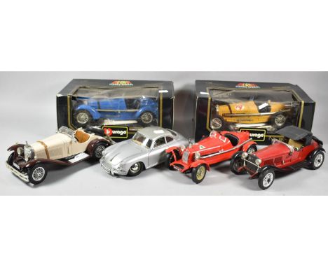 Two Boxed Burago 1930's Bugatti Toys, Three Unboxed Examples and a Porsche 356 