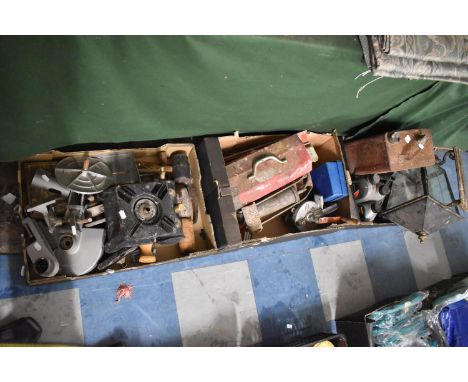 Three Boxes of Workshop Tools, Foot Pump, Outside Lantern, Vintage Petrol Can, Stove etc 