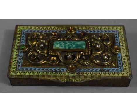 A Brass Hinged Box with Applied Enamel, Jewels and Cabouchon to Lid, 10.5cm wide 